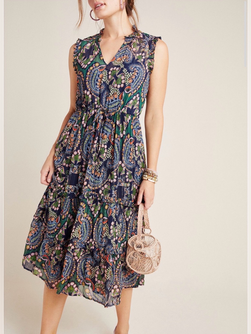 Anthropologie Elmira Ruffled Navy Floral Paisley Midi Dress Pink Green Accents